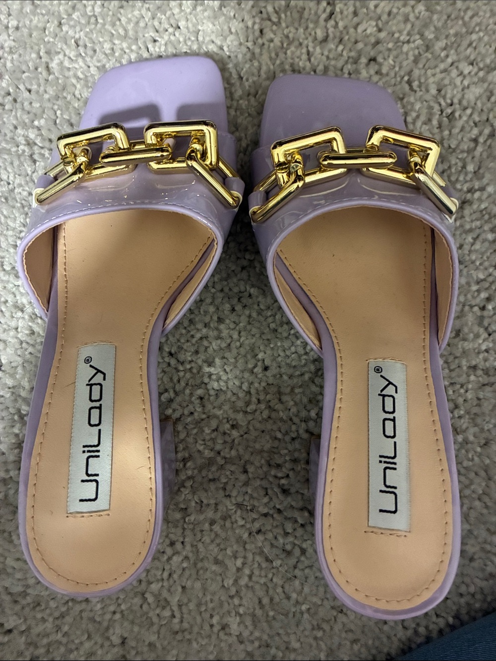 Unlabeled Lilac Chain-Trim Slide Mules